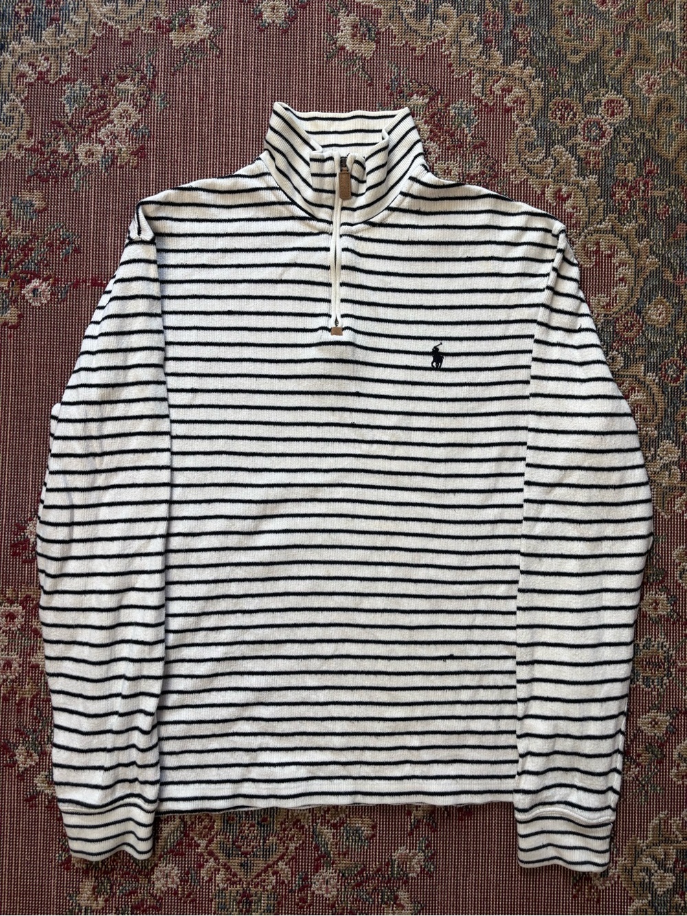 Polo Ralph Lauren White and Black Striped Quarter-Zip Sweater
